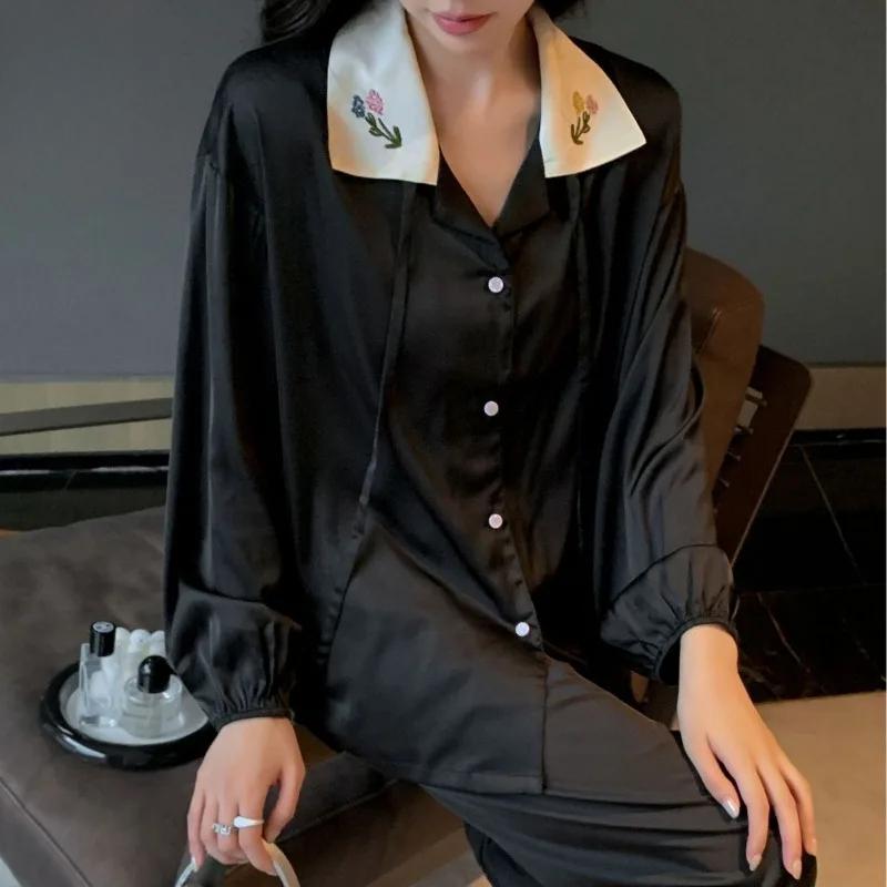 

Длинный рукав Ice Silk однотонная пижама женский костюм с вышитыми цветами домашняя одежда осенняя пижама XXL