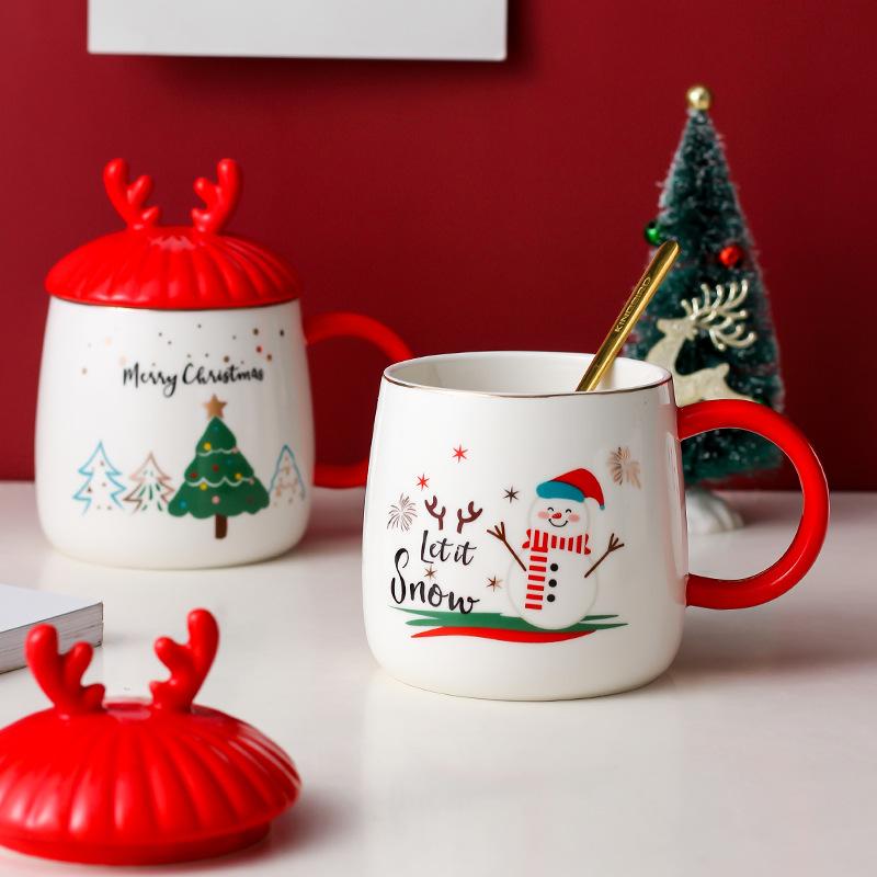 Creative Christmas festive gift-giving mug ceramic cartoon cup Nordic couple water cup coffee cup with lid spoon