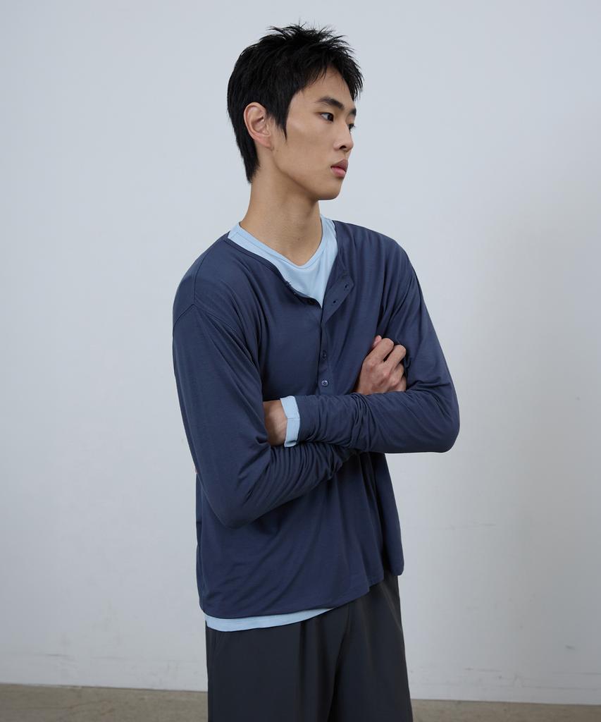 MICHIKO LONDON SPORTS Soft Jersey Henley Neck Long Sleeve