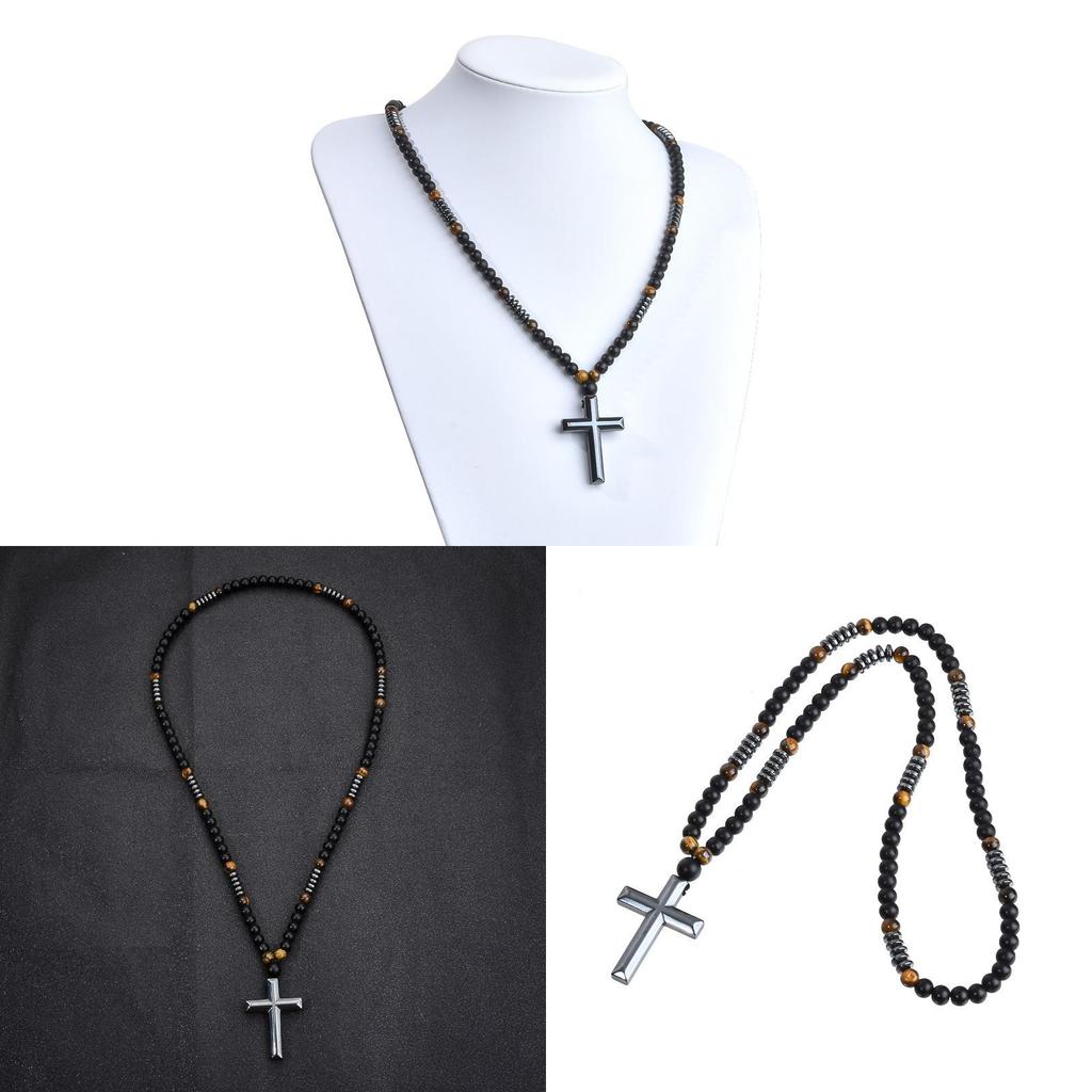 Obsidian Tiger Eye Hematite Cross Beaded Necklace For Men Fashion Accessory