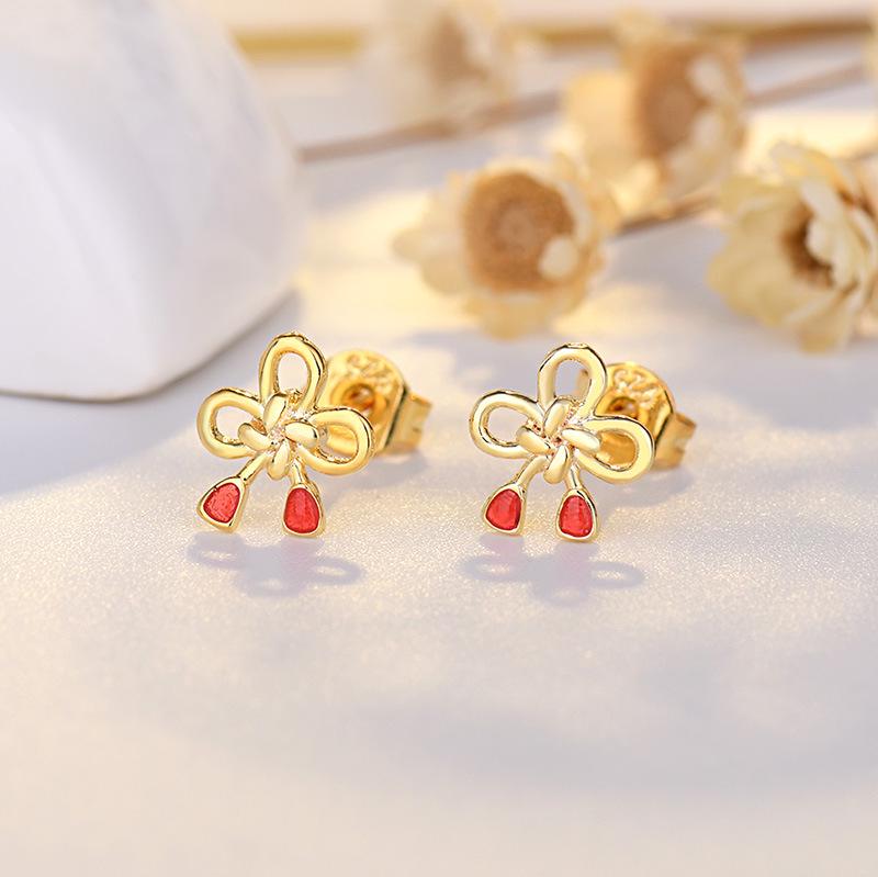 Korean-Style Red Star & Moon Earrings with Chinese Knot, S925 Silver Needle