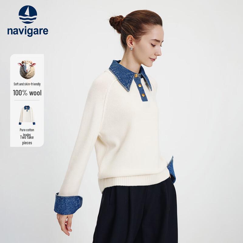 

Navigare Women s Loose Wool Knit Sweater with Denim Splice