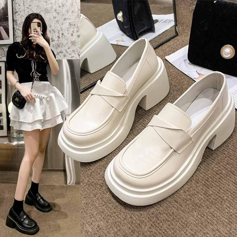 French thick heel platform loafers women's spring summer 2025 new versatile white British style fashion high heel shoes