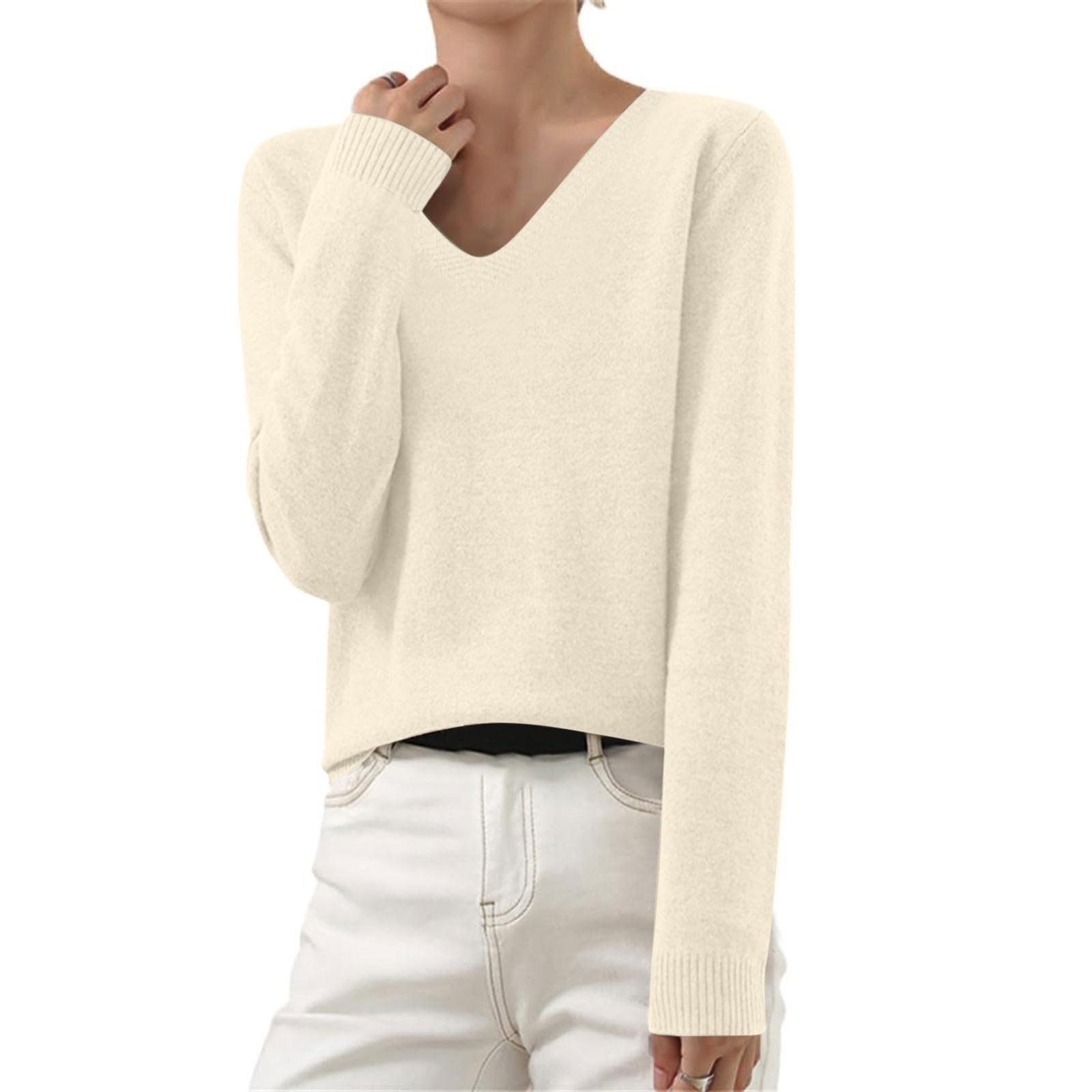 

Женская и зимняя мода с длинными рукавами и V-образным вырезом, свободный свитер-топ L бежевый