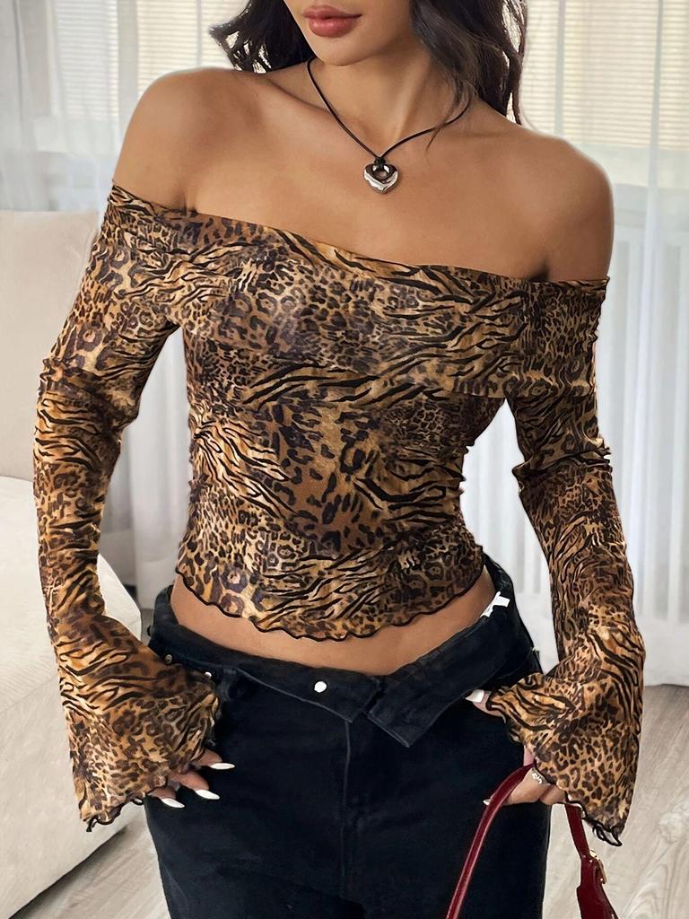 Leopard Print Off-the-Shoulder Mesh Top with Flare Sleeves