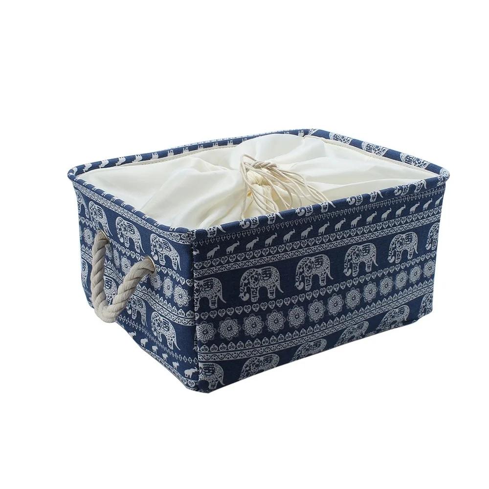 Foldable Storage Bins Fabric Basket with Handles Drawstring Dust Resistant Collapsible Cotton Rope Elephant Design Ideal Home
