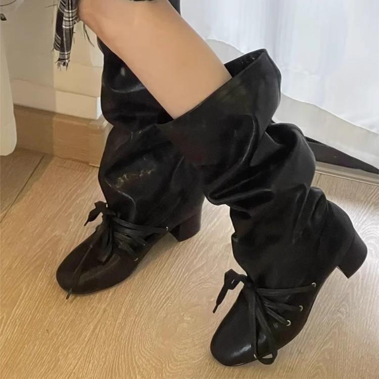 Retro straps, new niche design pants boots, thick heel thick-soled boots, but knee-pointed lace-up knight boots