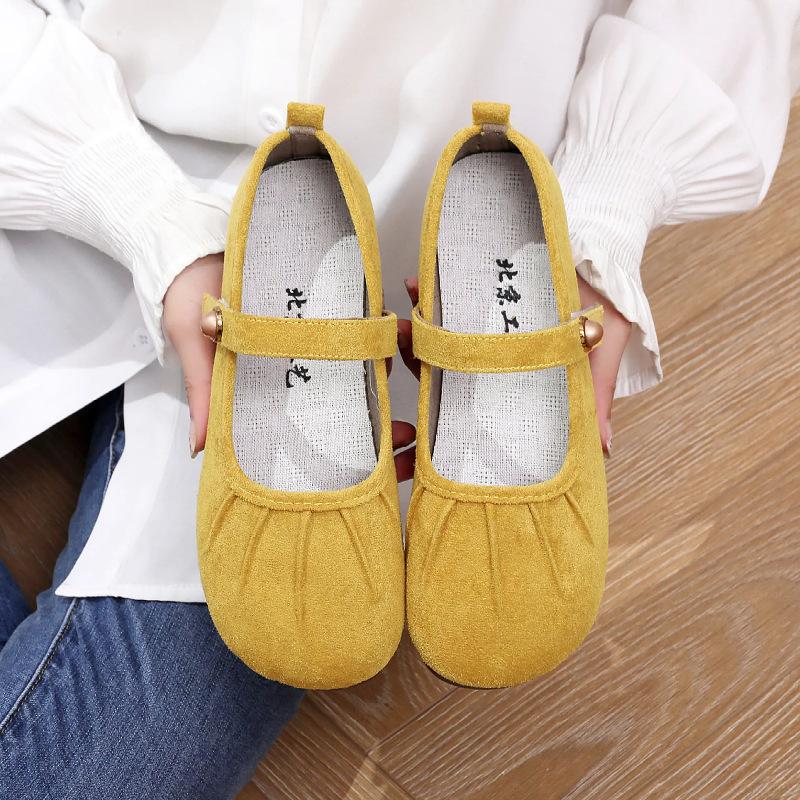 Spring and summer soft bottom round head one pedal gentle shallow mouth French flat bottom wrinkled single shoes round head non-slip soft sole ca