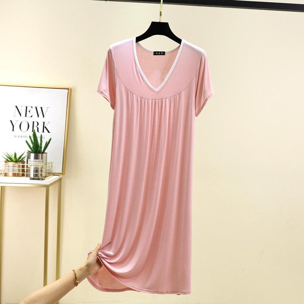 Übergröße M bis 6XL Modal V-Ausschnitt Nachthemd Sommer Damen Locker Hauskleid Einfarbig Lässig Langes Nachthemd Komfort Hauskleidung