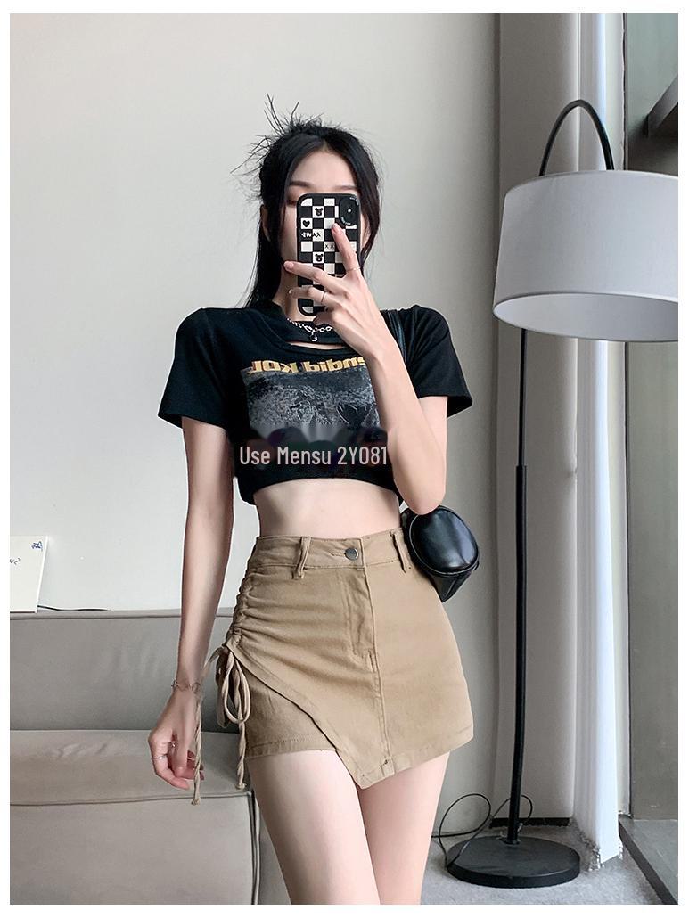 

Летняя женская джинсовая юбка со шнуровкой и высокой талией 2023 года — стройнящая, универсальная, в корейском стиле M хаки