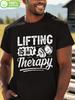 "Lifting Is My Therapy" Cotton T-shirt - Black Round Neck Tee with Dumbbell Graphic