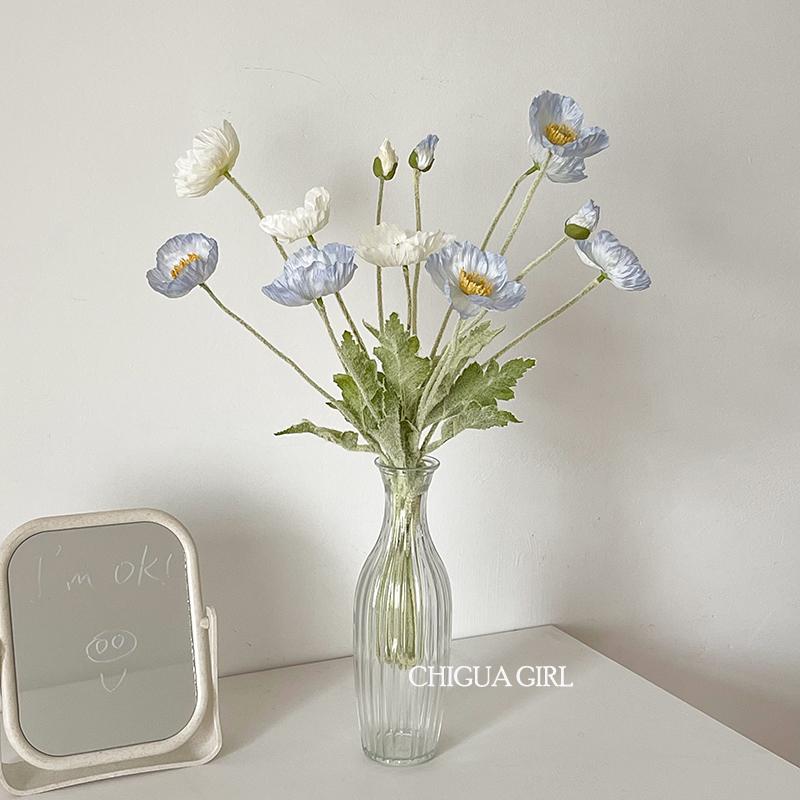 Blue Iceland Poppy Silk Flower Bouquet for Living Room Decoration