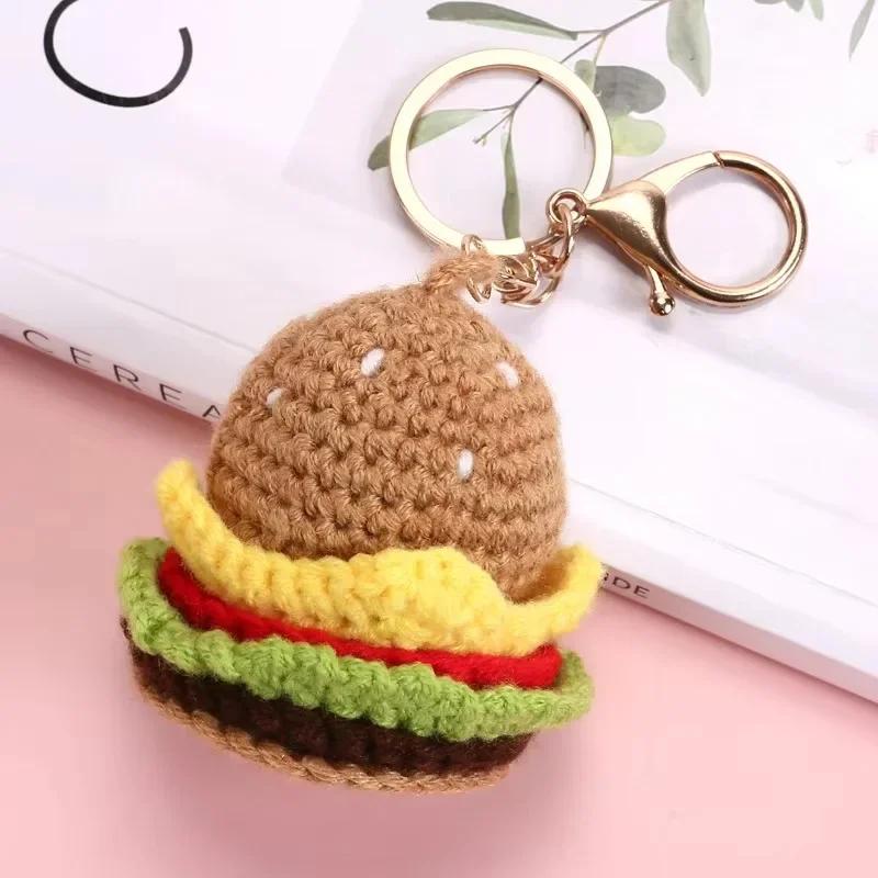 Creative Knit Keychain Cartoon DIY Burger Ice Cream Pendant Keychain Charms Handmade Pendant for Girl Cute Gift Car Decorations