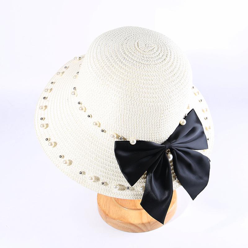 Nuevo Sombrero de Sol de Verano para Mujer Protección UV Paja Perla Moderno Vacaciones en la Playa Protección Solar Casual