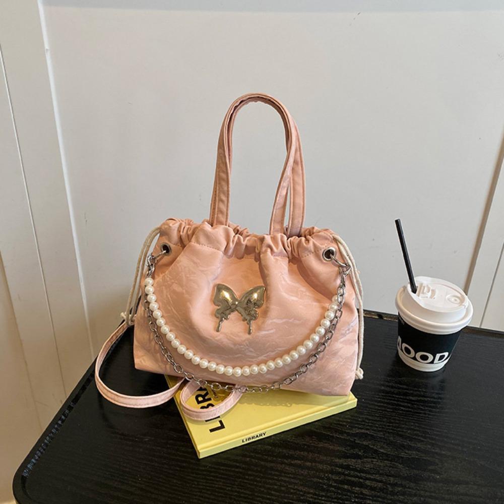 Magnetic Buckle Silver Butterfly  Backpack Metal Chain Pearl Chain Handbag  Daily
