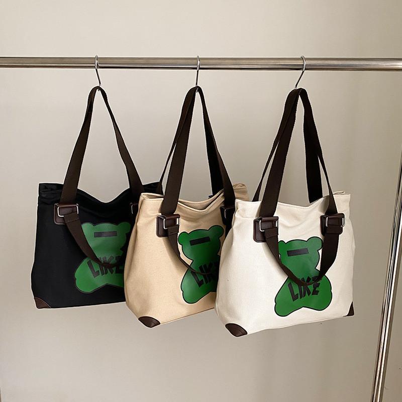 Adorable Cartoon Canvas Tote Bag Large Capacity Casual Handbag For Students