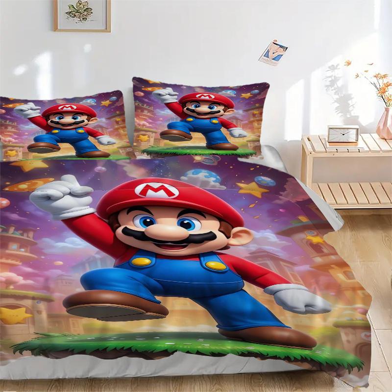 3pcs Super Mario Pattern Printed Bedding Set, Soft and Comfortable Quilt Cover for Bedroom, Guest Room (1 Duvet Cover + 2 Pillowcases, Pillo