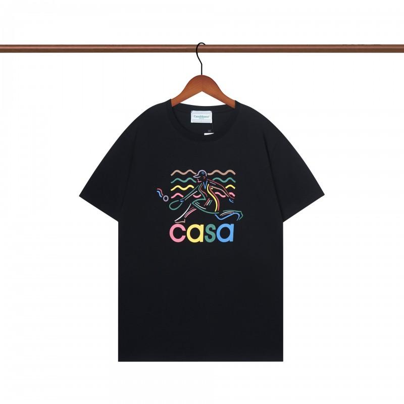 Casablanca Style Short Sleeve T-Shirt Men Women Blue Letter Print Casual Top