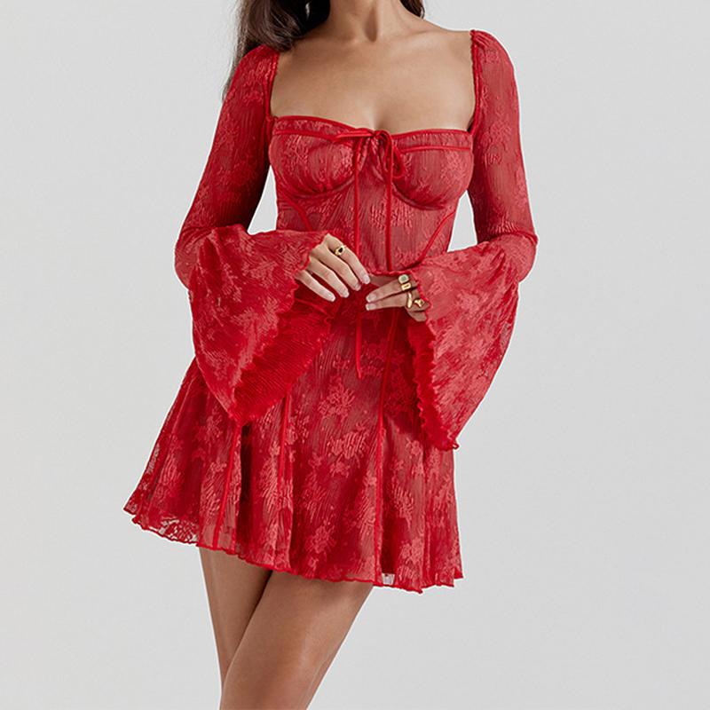 Sexy minišaty A-line s flare rukávem 2024 Nové šněrovací potisk Čtvercový límec Ženy Party Krajka Krátké šaty Móda Dámské oblečení 5229A-39