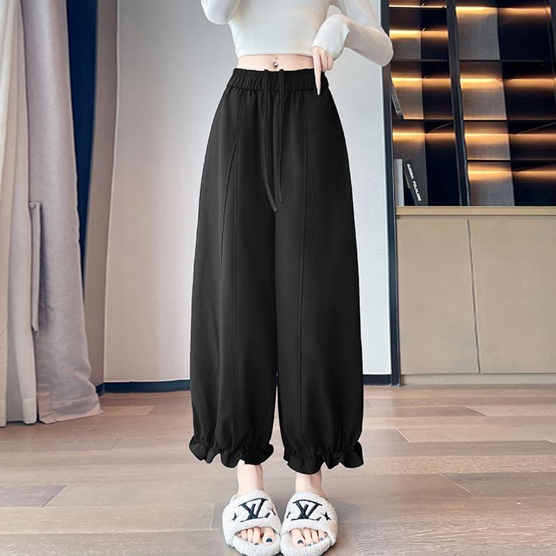 summer autumn elastic waist loose casual ruffles ankle length pants women solid color all-match trousers
