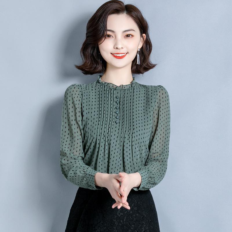 

Шифоновая рубашка, женская летняя одежда, свободный темперамент, черный воротник-грибок, топ в горошек, свитер в западном стиле из шелка Mulberry, блузки и рубашки 4XL зелёный