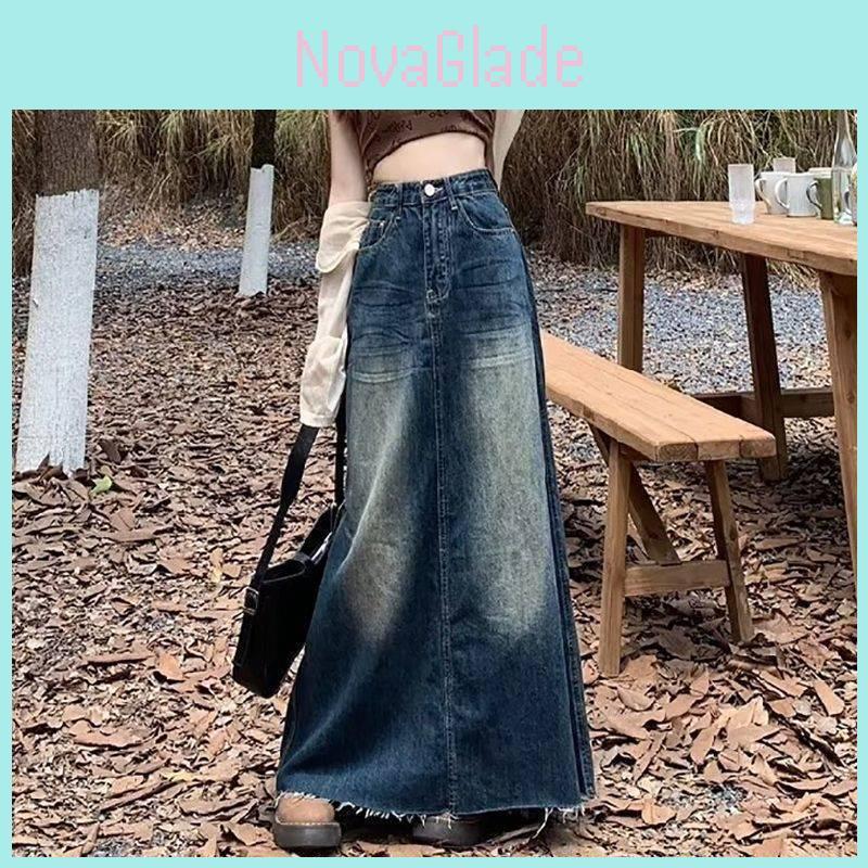 Denim A Line Skirt With Vintage Wash For Casual Wear
