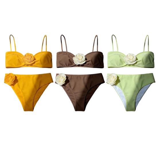 2Pcs/Set Women Bikini Set 3D Flower Decor Adjustable Straps Tube Top Bikini Bra High Waist Swimming Trunks Set Beach Swimwear