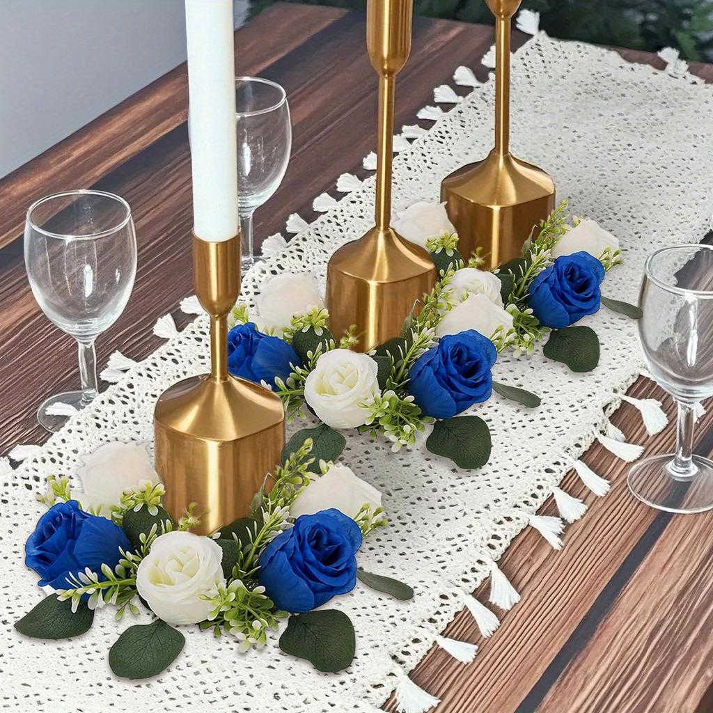 4pcs Artificial Roses Flowers Candle Holders, Candle Rings Wreaths, Wedding Centerpieces for Tables Wreath for Front Door Weddings Party Decor