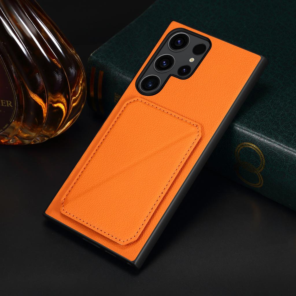 Etui na Samsunga Galaxy S25 Ultra z uchwytem na karty, podstawką, teksturą skóry cielęcej, PC+TPU, pokrowiec na telefon