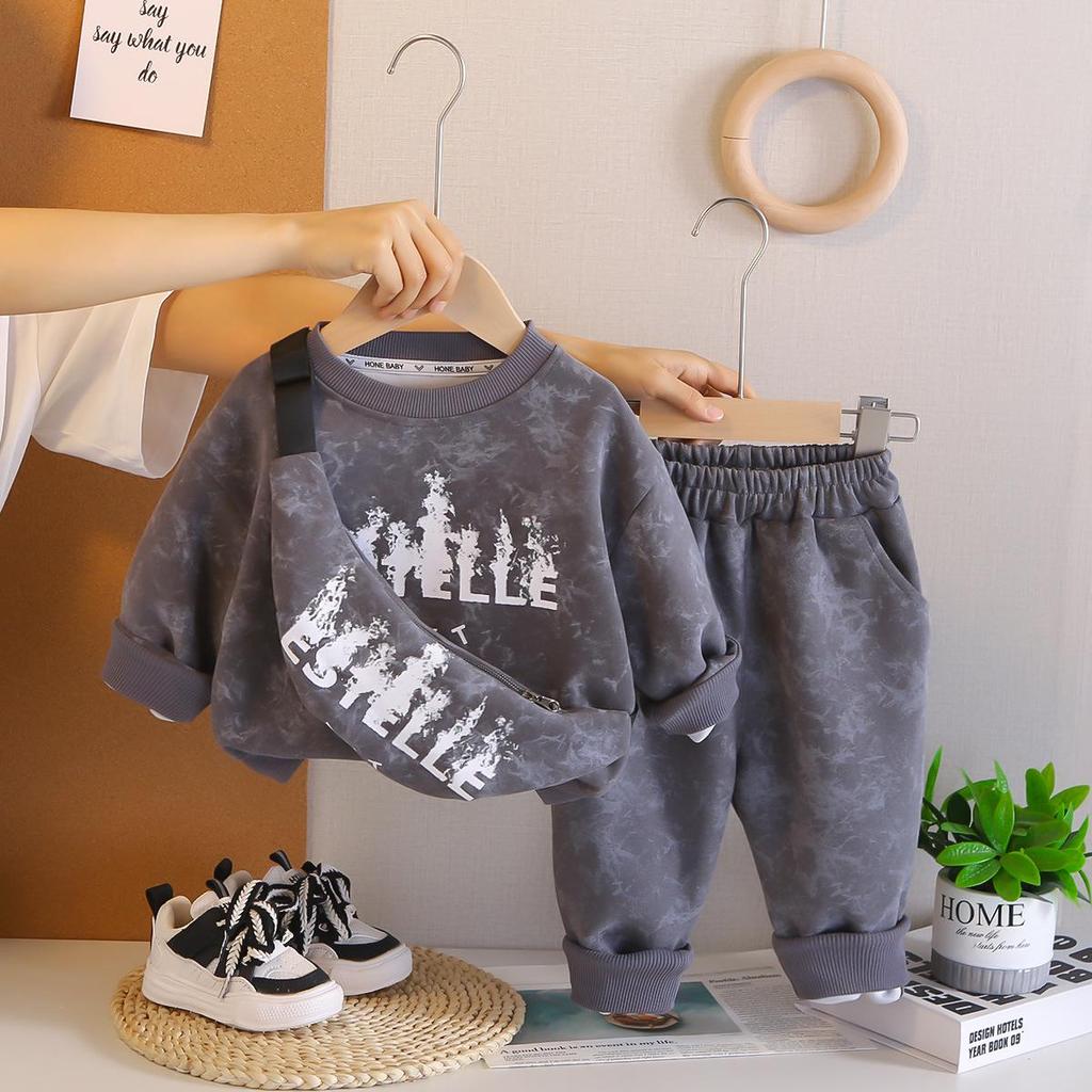 2025 Boys' Tie-Dye Sweatshirt & Crossbody Bag Set - Long Sleeve, Round Neck, Korean Style Two-Piece for Autumn & Spring