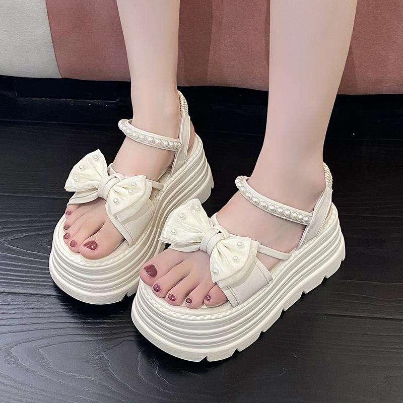 High-heeled Summer Bow Fairy Wind Platform One-word Pearl Sandals Women's 2025 New Fashion Roman Women's Shoes