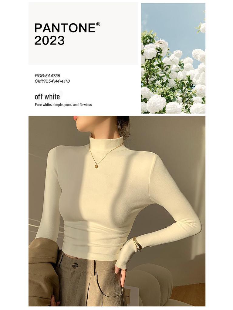 Women's Fleece-Lined Slim Fit Knit Top - Half High Neck Long Sleeve for Spring, Autumn, Winter 2024