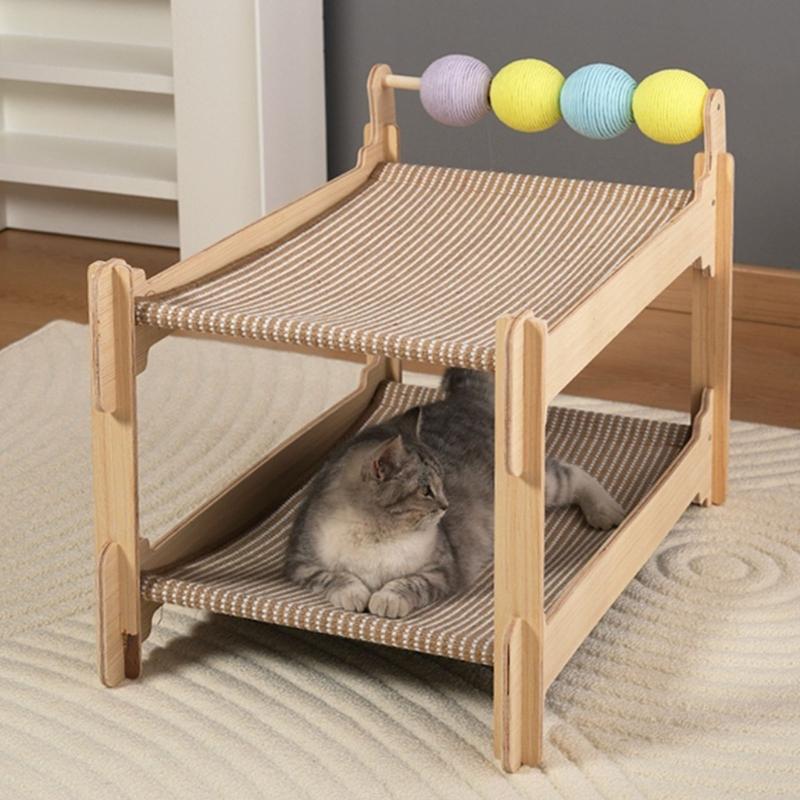 Stable Cats Bed 2 Tiered Design Sisal Scratching Post Wood Base Scratch Resistant Pet Resting House Furniture Protector