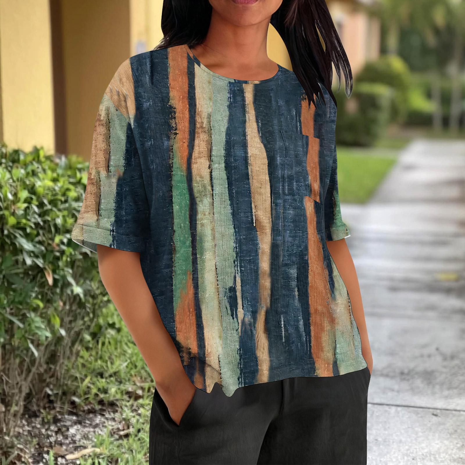 

Fashionable Women s T-shirt Short Sleeved Casual Top With Pockets, Retro Printed Round Neck Lightweight Top M шафрановий