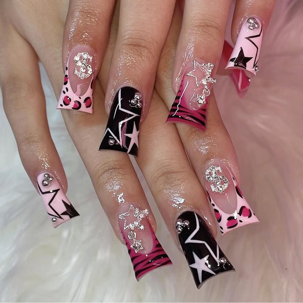 24Pcs Pink Zebra French Press On Nails With Rhinestone Star Chain Decor Y2k Fake Nails For Valentine Day
