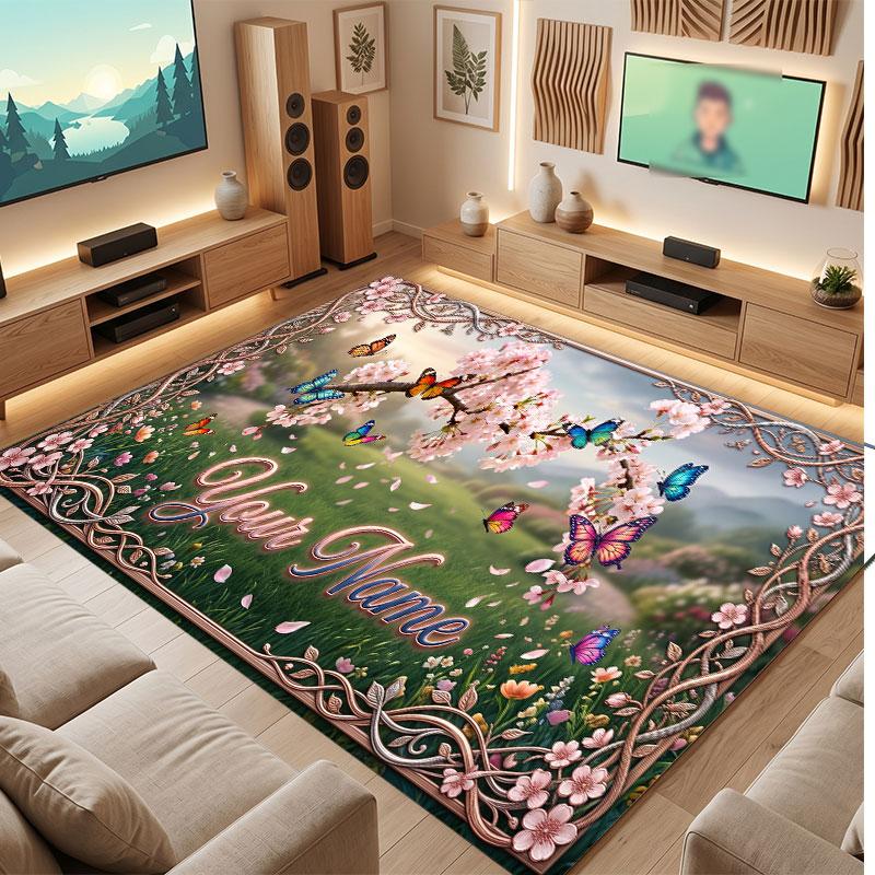Butterfly Theme Crystal Velvet Floor Rug Personalized Custom Name Text Warm Carpet Home Decoration