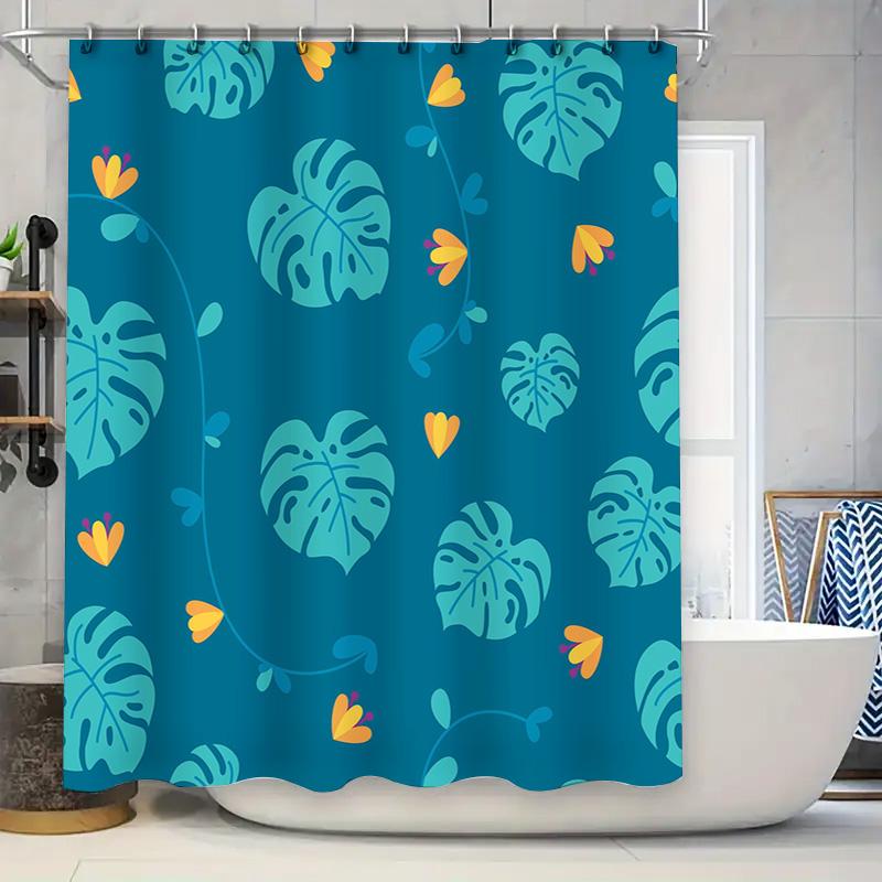 

Blue Pattern Shower Curtain Home Decor Waterproof Bathroom Liner for Bathtub Tropical Leaves with Yellow Flowers Design (180x205 90x180cm