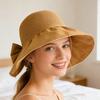 Bucket Hat Bow Decor Sun Protection Large Ruffled Brim Beach Hat Breathable Hollow Woven Top Foldable Travel Hat
