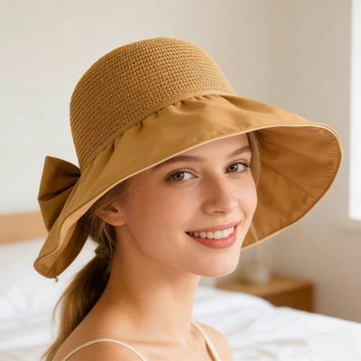 Bucket Hat Bow Decor Sun Protection Large Ruffled Brim Beach Hat Breathable Hollow Woven Top Foldable Travel Hat