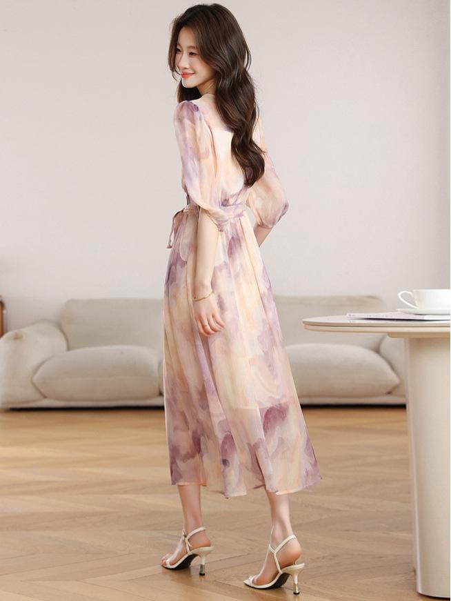 Women's Korean Floral Print Lace-up Tea Dress – Slimming Summer Design