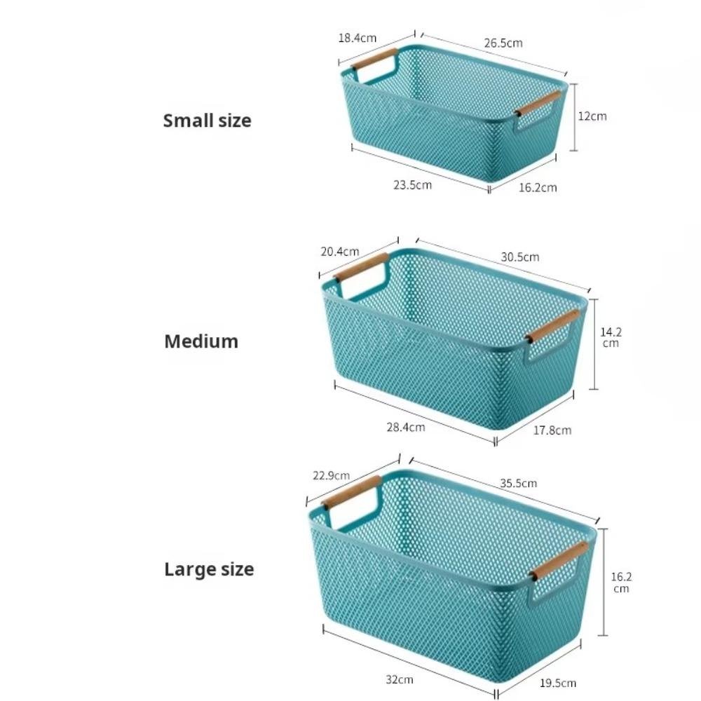 Wood Handle Sundry Storage Basket Rectangle Woven Mesh Basket Household Organizer