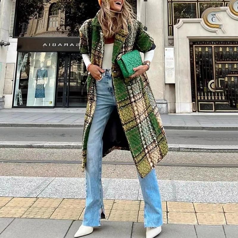 Cardigan lunghi da donna con stampa a quadri, autunno inverno, casual, manica lunga, vestibilità larga, capispalla eleganti con revers e bottoni