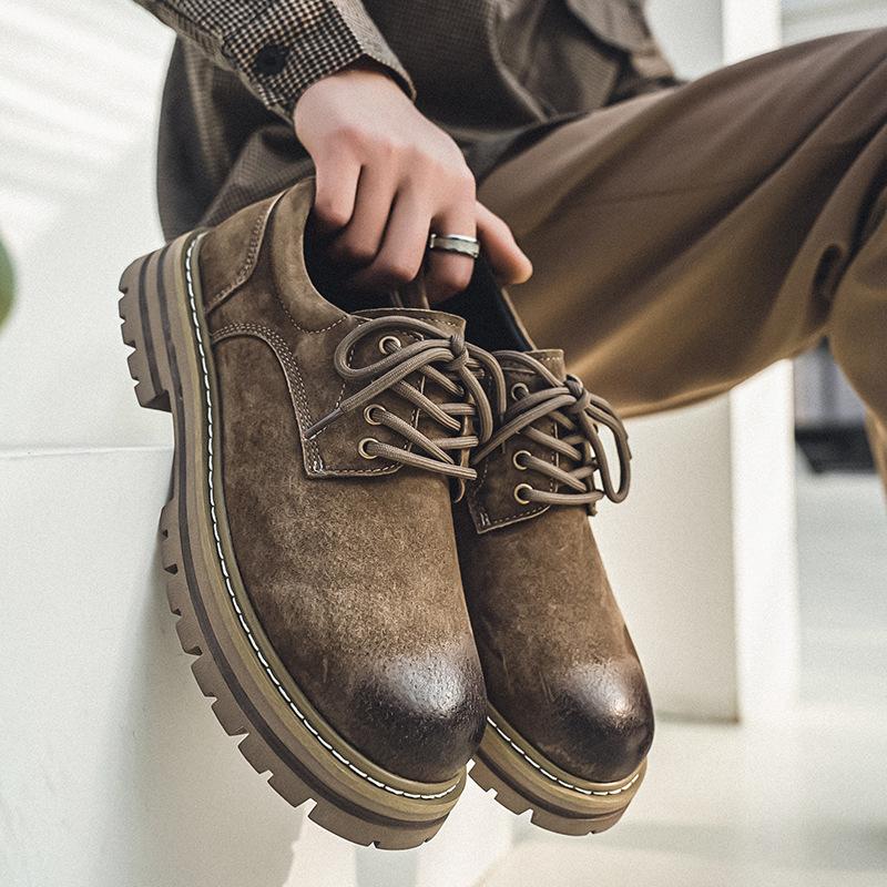 Spring new products men's leather shoes pigskin British retro low-top thick-soled heightening non-slip casual tooling shoes men's versatile
