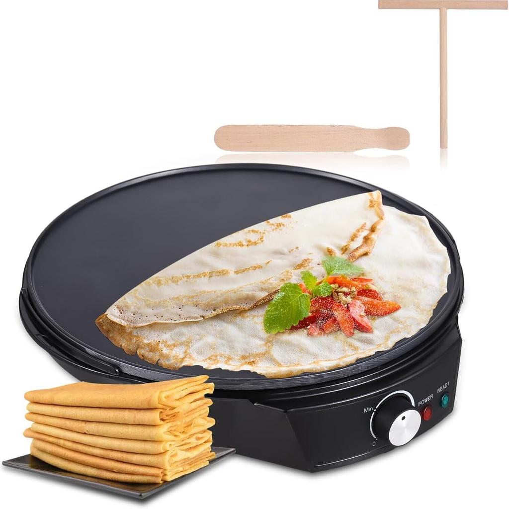 11-inch Electric Crepe Maker 1200W 50-210 Celsius Temperature Control for Rotisserie Tortillas and Blinds, No Sticks, Pancakes, Wooden Scraper and Dou
