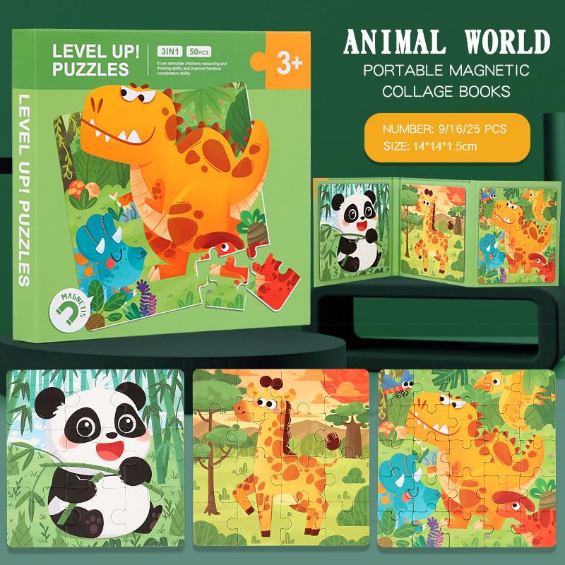 

3 in 1 Advanced Paper Magnetic Animal World Transportation Puzzle Montessori Educational Instructive Playthings Children Matching Activity