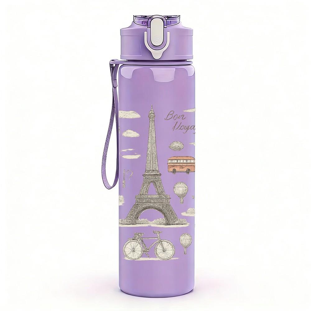 1PC Paris European Building Sticker Collage 750ml Color Plastic Sports Water Bottle Leakproof Flip Straw Lid Suitable for Sports Office Home Use