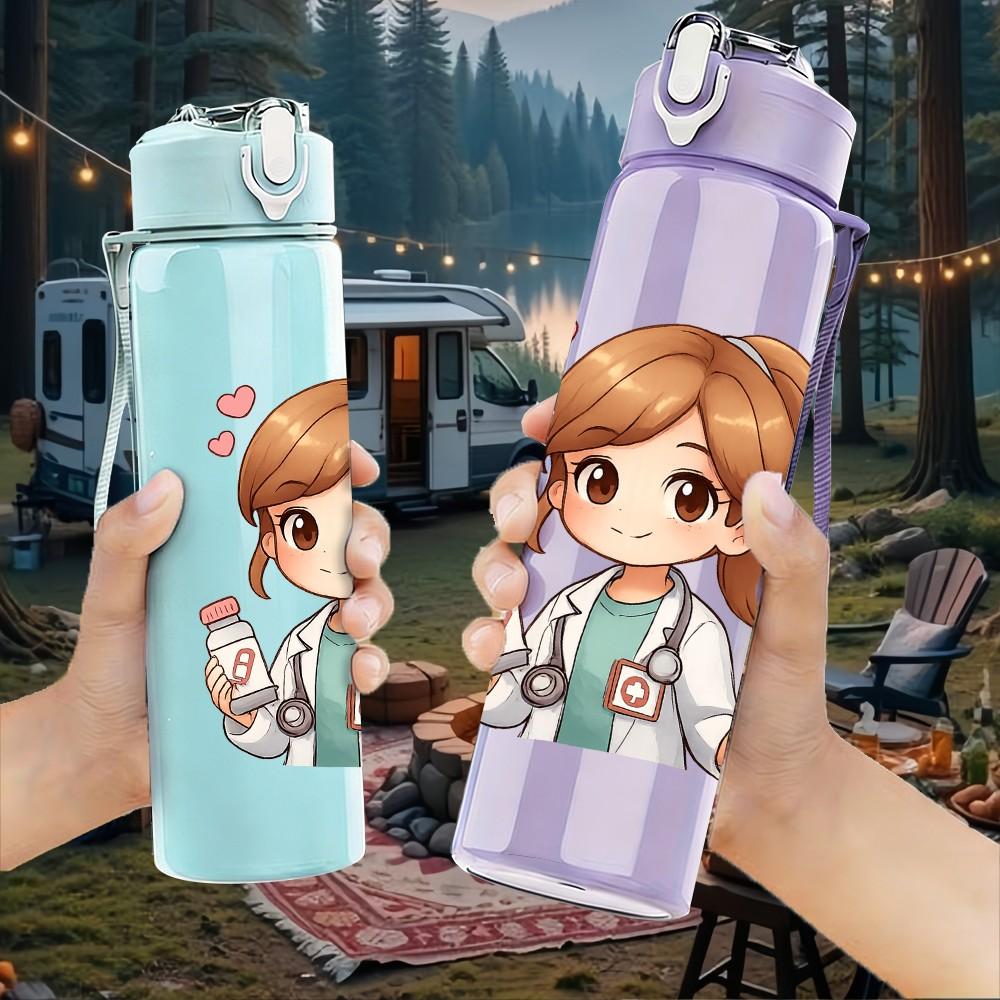 1PC Cute Girl Doctor Cartoon 750ml Color Plastic Sports Water Bottle Leakproof Flip Straw Lid Suitable for Sports Office Home Use