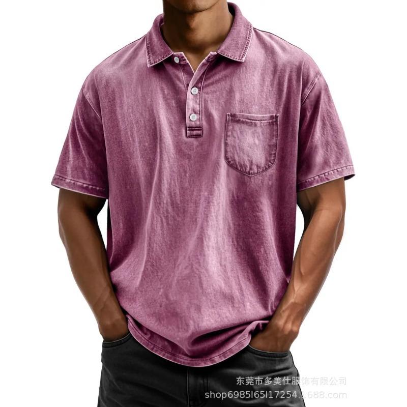 Mens Casual Washed Short Sleeve Polo Shirt With Pocket S розовый
