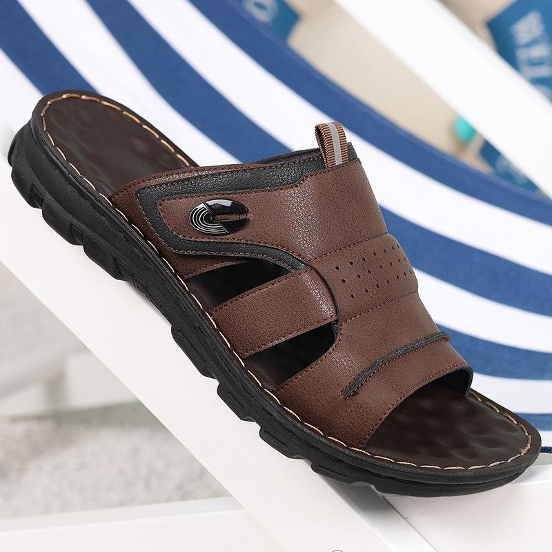 Large Size Men Slippers High Quality Cowhide Leather Slippers Summer Casual Beach Slippers Outdoor Non-slip Flat Sandals for Men
