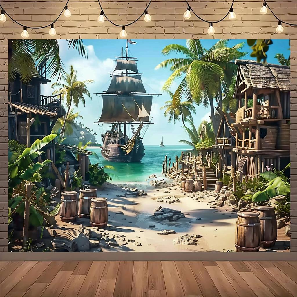 Multi-functional Pirate Ship and Palm Tree Background Fabric - for Indoor and Outdoor Parties, Home and Office Decoration